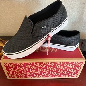 Black leather slip on Vans